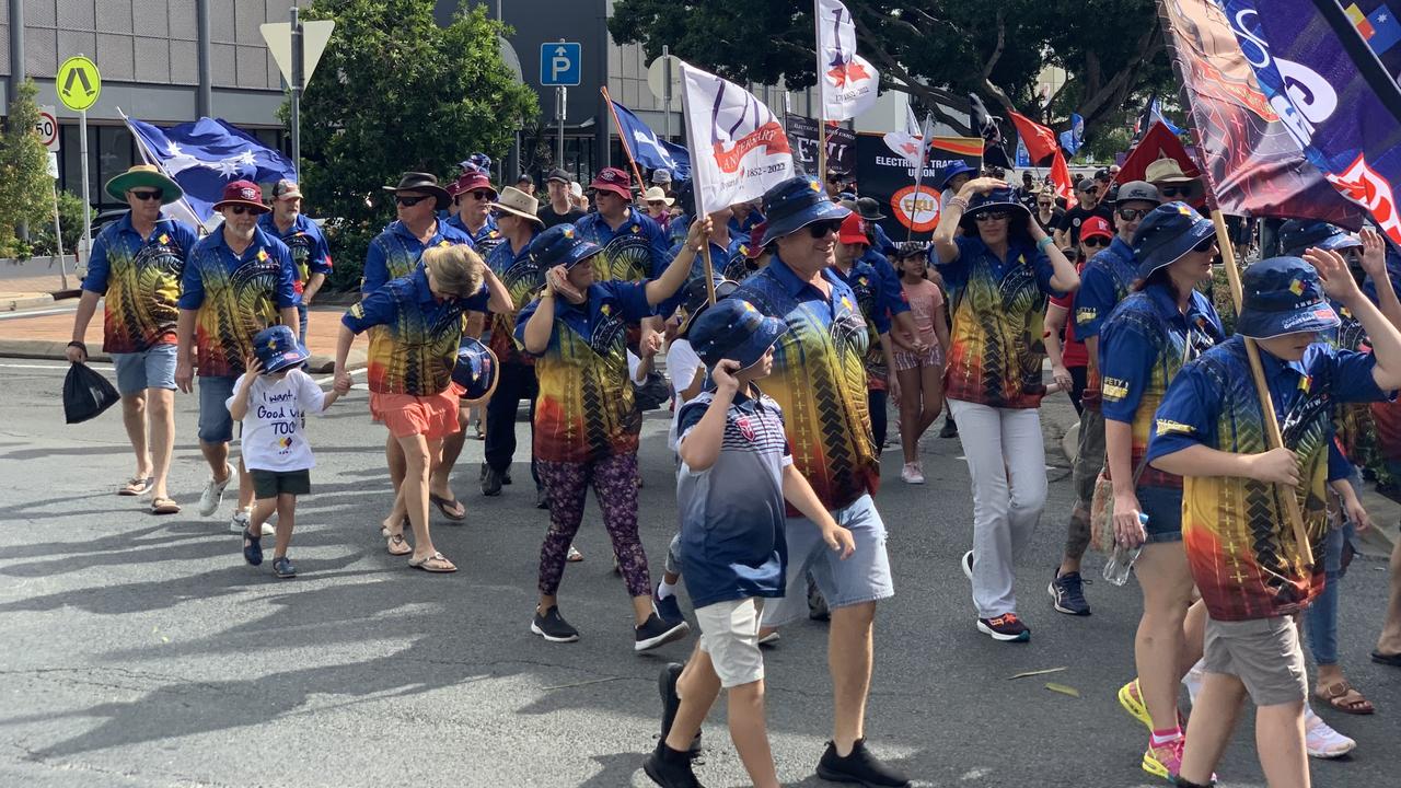 The Mackay Labour Day march rounds into Victoria Street on May 2, 2022. Picture: Duncan Evans