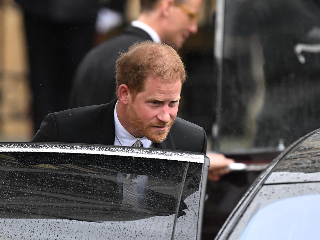 Prince Harry, Duke of Sussex, leaves the Coronation for Heathrow Airport. Picture: Getty