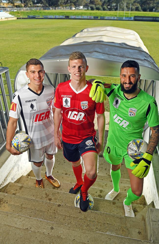 Nathan Konstandopoulos, Jordan Elsey and Paul Izzo in the Reds FFA Cup kit ahead of round of 32 game against Central Coast Mariners. Picture: Tom Huntley