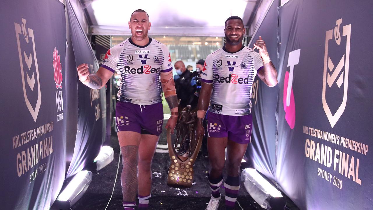 Nelson Asofa-Solomona and Queensland Reds recruit Suliasi Vunivalu celebrate after winning the 2020 premiership with the Melbourne Storm on October 25, 2020. Photo: Getty Images