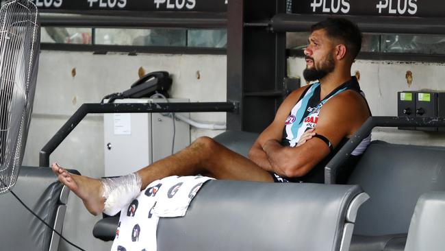 Paddy Ryder iced up on the bench. Picture: Sarah Reed