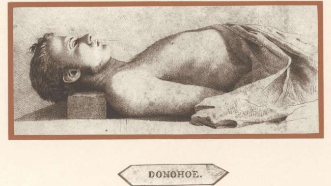 Portrait of "Bold" Jack Donohoe drawn by Sir Thomas Mitchell as Donohoe's body was in the mortuary in Sydney Hospital after the bushranger was shot. Picture: National Library