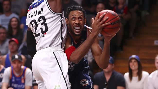 Adelaide 36ers‘ Josh Childress goes to the basket against Melbourne United. Picture SARAH REED