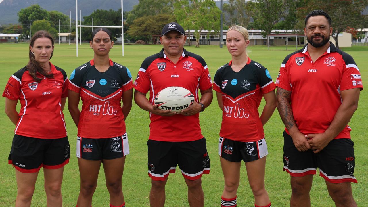 Kirwan Grizzlies 2025 coaching staff with players. Left to Right: Kate McCulloch (Assistant Coach), Nylani Namai, Matt Bowen (Head Coach), Ava Wagner, David Faiumu (Director of Rugby League). Picture: Supplied.