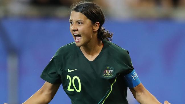 Matildas captain celebrates after scoring her fourth goal against Jamaica at the Women’s World Cup. Picture: Getty Images