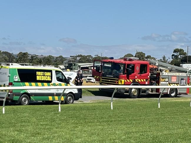 The fire brigade and police attend Morphettville Parks after the ambulance caught fire. Photo: Tom Biddington