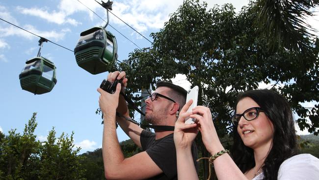 Unrelenting Instagrammers are swarming over Far North Queensland ahead of the Instameet World Record attempt. (L-R) Robert Reed, or @bobby.j and Samah El Ali, or @poeticwordvomit take some photos at Kuranda Skyrail. Picture: Brendan Radke.