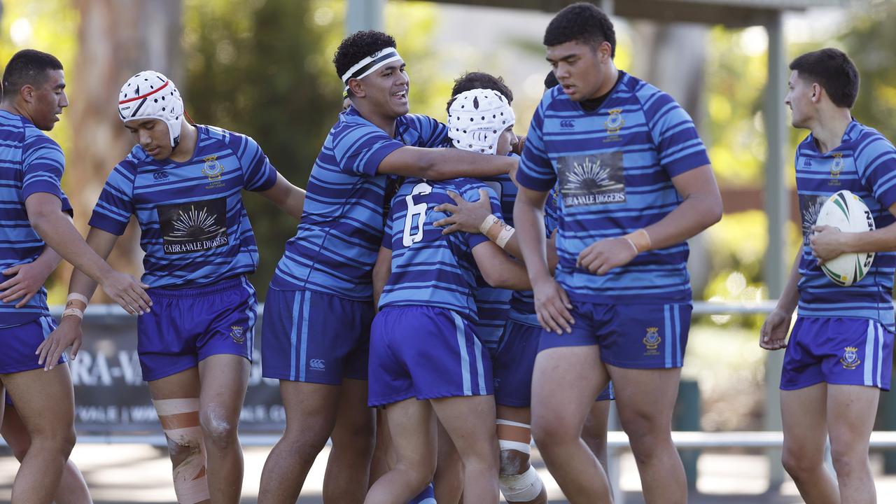 Patrician Brothers Fairfield celebrating a try during the NRL Schoolboy Cup game between Patrician Brothers Fairfield and All Saints Maitland at New Era Stadium in Cabramatta. Picture: Jonathan Ng