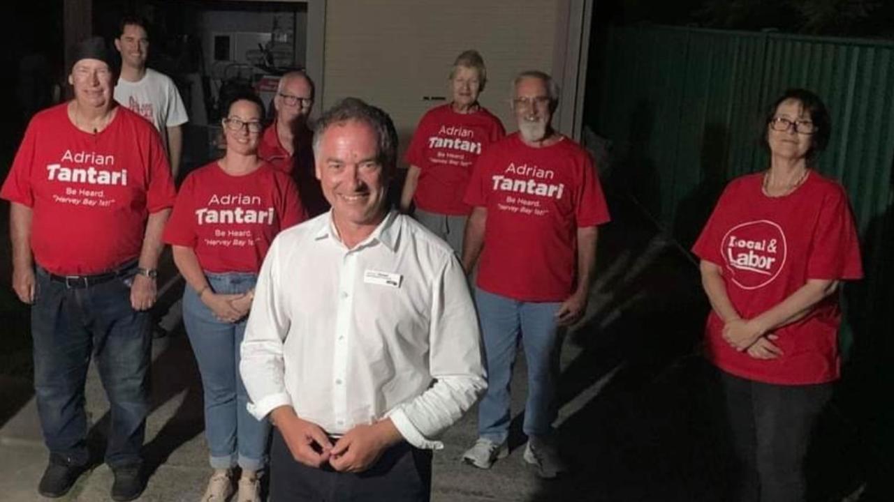 Adrian Tantari with supporters including Fraser Coast mayor George Seymour (Back left) on the night he was elected as Hervey Bay’s state member.