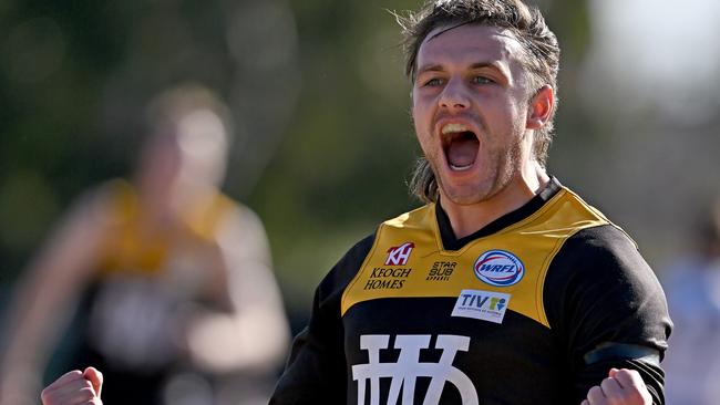 Dillon Viojo-Rainbow celebrates a goal for Werribee Districts. Picture: Andy Brownbill