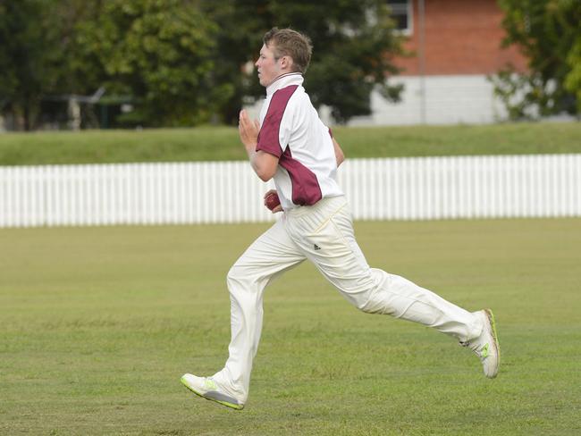 Nambucca seamer Josh Bartlett charges into the crease during the North Coast Cricket Council interdistrict clash between Lower Clarence and Nambucca Valley at Harwood Oval.