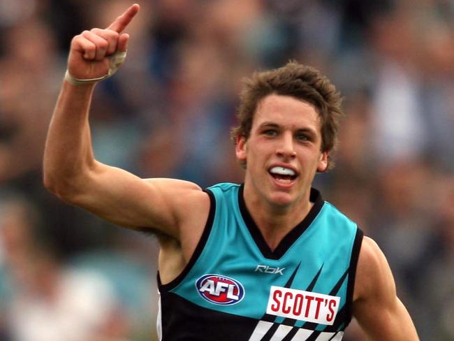 A young Travis Boak celebrates a goal during the 2007 season – his first with the Power.