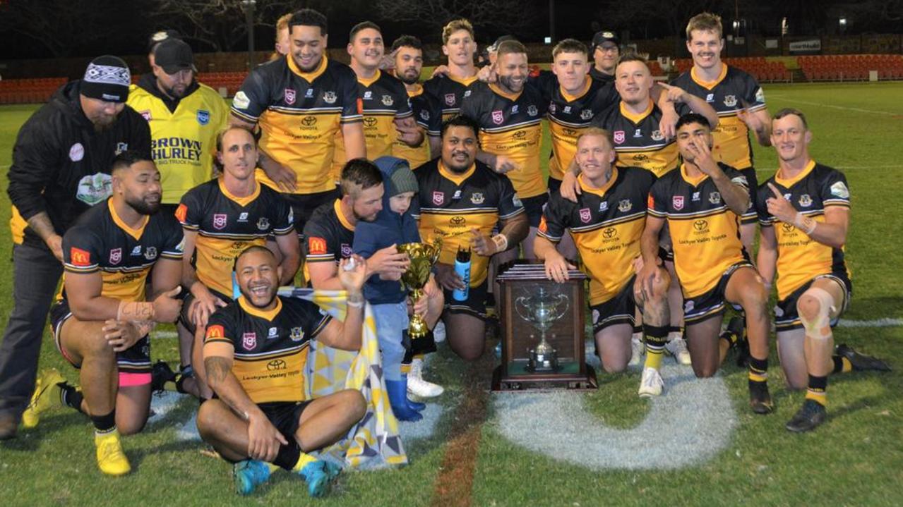 Gatton Hawks celebrate after their 36-4 point victory over the Roosters in the 2023 Madsen Rasmussen Cup.