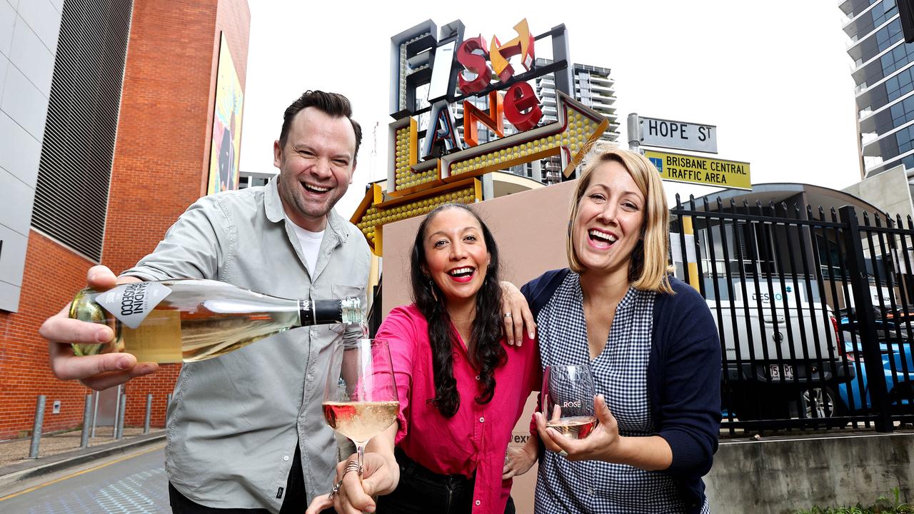 Dominic Getson from Butler Wine, Bailee Dewes from La Lune Wine Co and Eleanor Cappa from Maeve Wine will be taking part in this year's Rose Revolution in Fish Lane in South Brisbane. Picture: Tara Croser