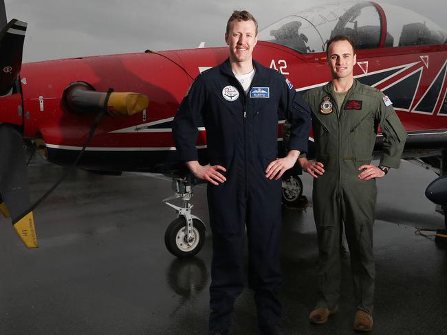 SUN TAS.  Ben Hepworth Roulette pilot originally from Hobart and Mathew Schmidt Hawk 127 pilot originally from Burnie.   RAAF at the Hobart Airport ahead of Battle of Britain commemorations.  Picture: Nikki Davis-Jones