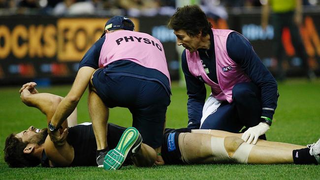 Levi Casboult went down early in Carlton’s win. Picture: George Salpigtidis