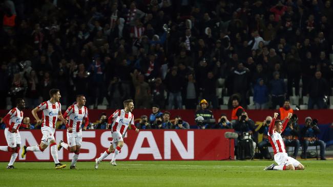 Red Star's Milan Pavkov celebrates after scoring his side’s second goal. Picture: AP Photo