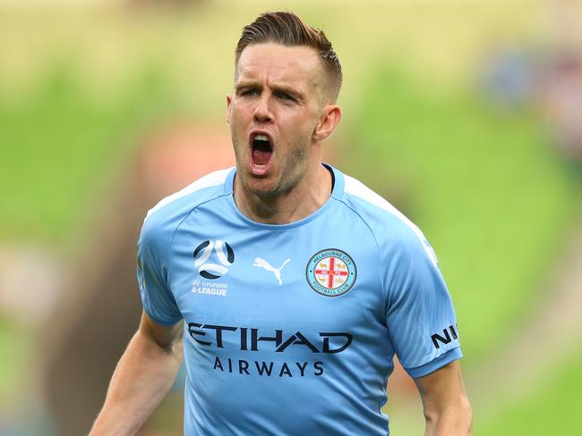 MELBOURNE, AUSTRALIA - JANUARY 18: Craig Noone of Melbourne City celebrates after scoring a goal during the round 15 A-League match between Melbourne City and the Newcastle Jets at AAMI Park on January 18, 2020 in Melbourne, Australia. (Photo by Mike Owen/Getty Images)