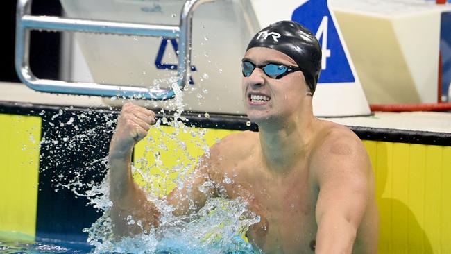 Flynn Southam celebrating after beating times set by Olympic champions Kyle Chalmers and Ian Thorpe at his age. Picture: Delly Carr.