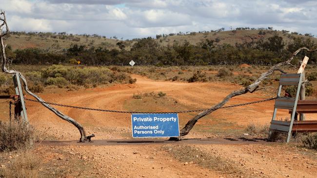 The chained entrance of Oulnina Park station in SA. Picture: David Geraghty / The Australian.