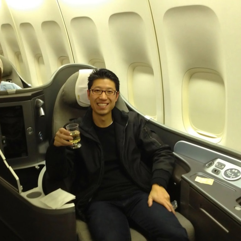 This is Steve Hui on his first-ever, first class flight in 2012. He was flying United Airlines to Las Vegas for the Consumer Electronics Show.