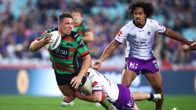 Sam Burgess looks to offload for the Rabbitohs. (Photo by Mark Kolbe/Getty Images)