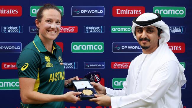 Megan Schutt of Australia is presented with the Player Of The Match award after her side’s ICC Women's T20 World Cup victory against Sri Lanka at Sharjah Cricket Stadium. Picture: Matthew Lewis-ICC/ICC via Getty Images