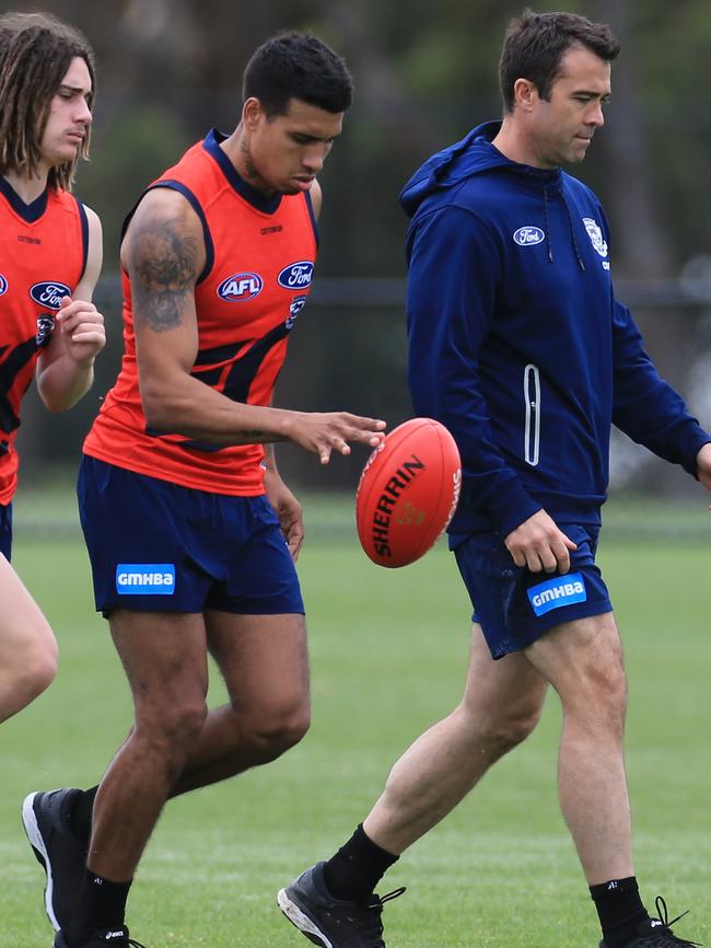 Tim Kelly with Geelong coach Chris Scott. Picture: Peter Ristevski