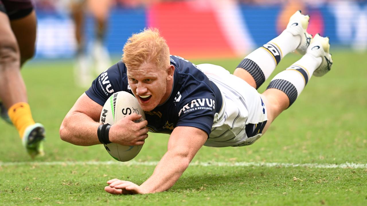 Griffin Neame scores a try against the Brisbane Broncos. (Photo by Dan Peled/Getty Images)