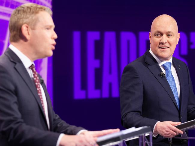 Chris Hipkins and Christopher Luxon in the first Leaders' Debate on TV1 19 September 2023picure suppliedcredit: TVNZ