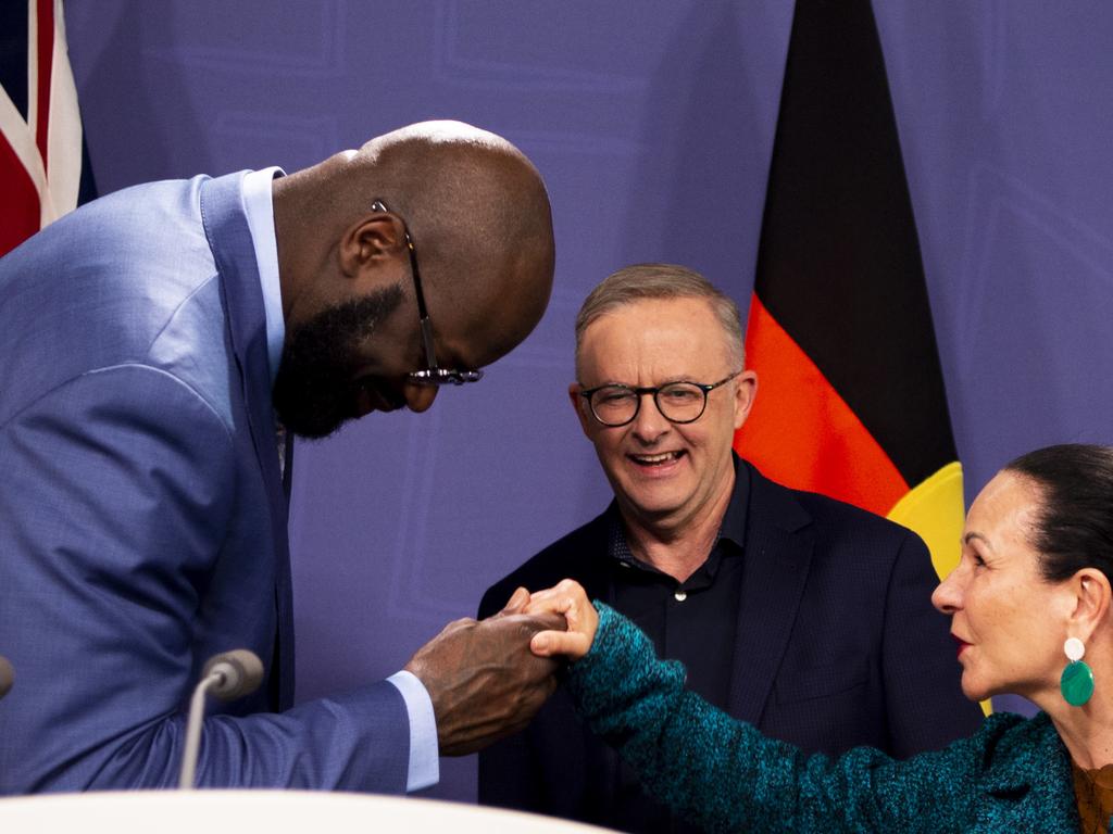 Anthony Albanese held a press conference with Linda Burney and NBA legend Shaquille O'Neal. Picture: NCA NewsWire / Monique Harmer