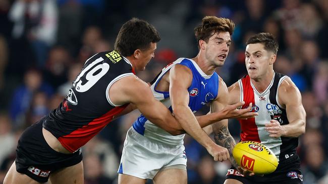 North Melbourne co-captain Jy Simpkin won’t face Essendon on Sunday as he battles a quad strain. Picture: Michael Willson / Getty Images