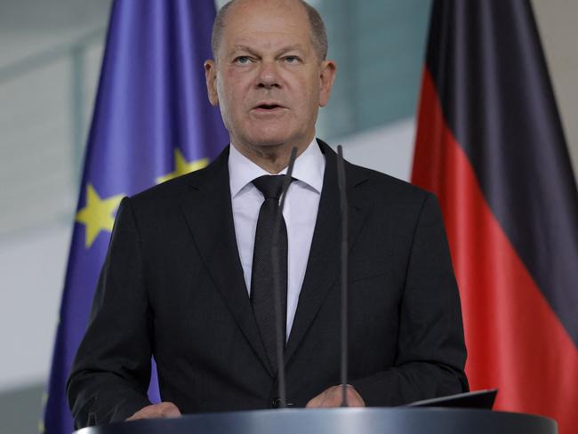 German Chancellor Olaf Scholz pointed out that the Israeli flag had been hoisted outside the chancellery as he called Hamas’s attacks “barbaric”. Picture: AFP