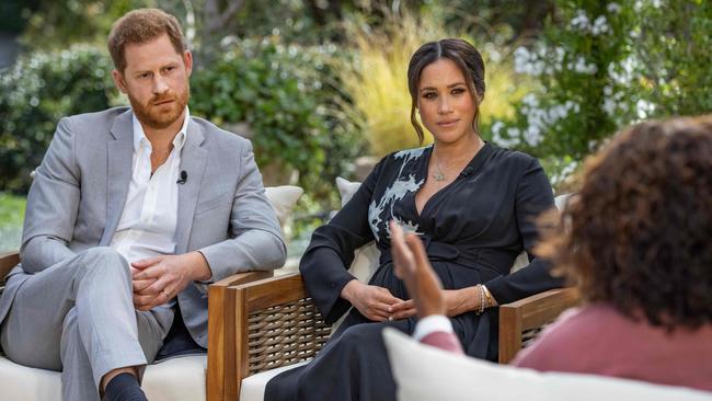 Last year, Harry and Meghan sat down with chat show host Oprah Winfrey for an explosive tell-all. Picture: Joe Pugliese/Harpo Productions/AFP