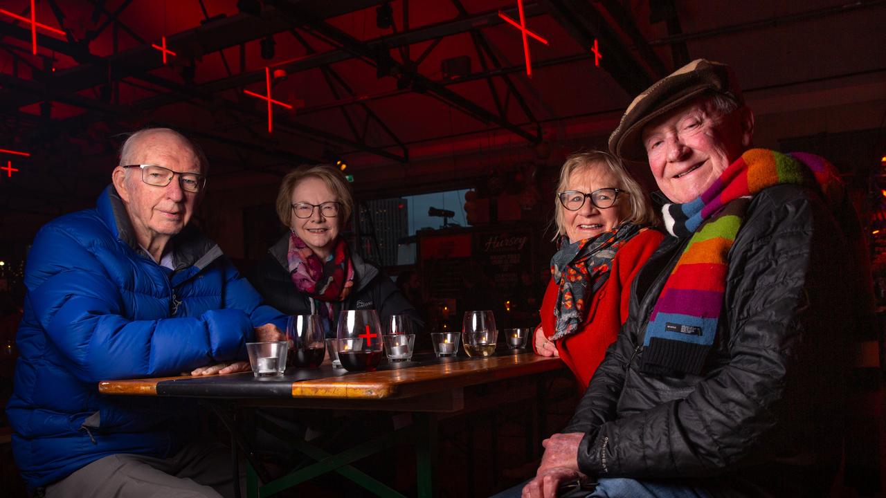 Neville and Diane Truskett with friends Heather and Phil Richardson enjoying the Dark Mofo Winter Feast. Picture: Linda Higginson