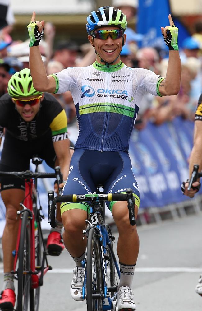 Caleb Ewan of the Orica GreenEdge celebrates a win. Photo: Michael Klein.