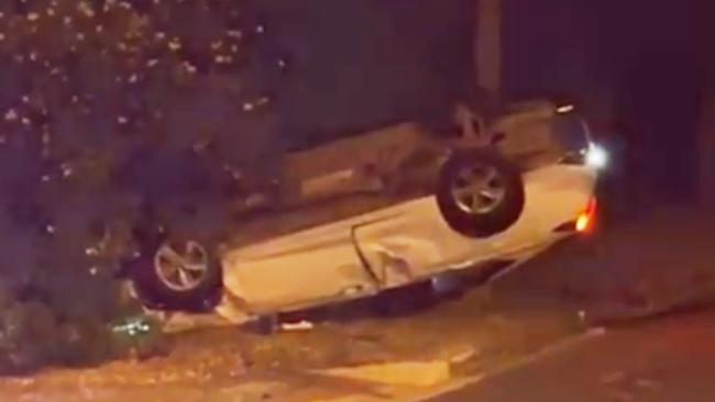 A car flipped on its roof on Sunnyside Rd at Glen Osmond on Friday morning. Picture: FIVEaa