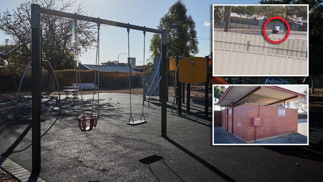 The Blair Athol playground and toilet block where the crime was committed — and CCTV of the suspect in the vicinity. 