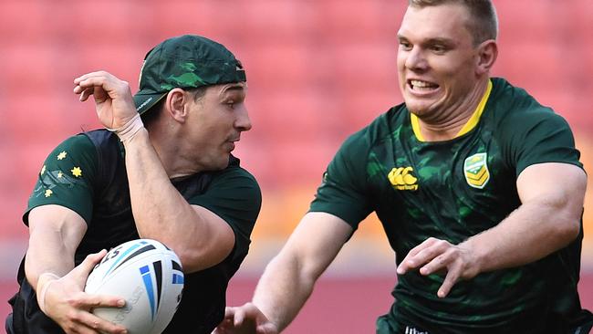 Tom Trbojevic (right) with Billy Slater at Kangaroos training. Picture: AAP