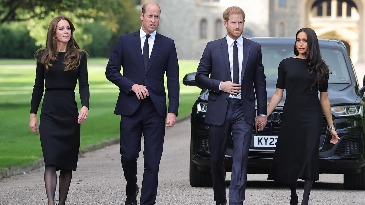 The Sussexes joined William and Kate, Prince and Princess of Wales for a walkabout to greet the public at Windsor Castle. Picture: Chris Jackson/Getty Images