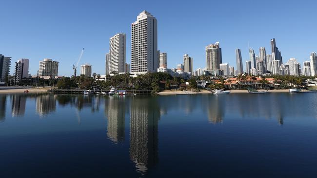 High rise buildings at Surfers Paradise as seen from the balcony of a high-end property along Admiralty Drive in Paradise Waters, Gold Coast. Picture: Regi Varghese