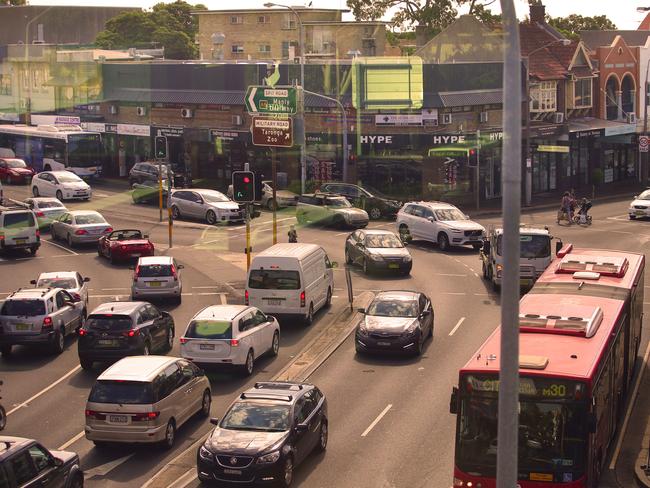 Spit Junction during peak hour, as seen from the pedestrian overpass. Picture: Phillip Rogers