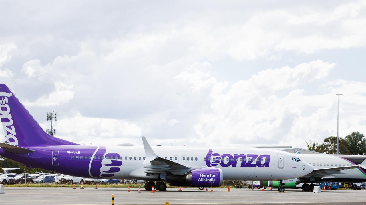 Grounded Bonza planes at Sunshine Coast airport on Tuesday morning. Picture Lachie Millard