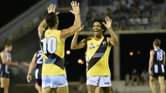 Tigers Liam Holt-Fitz and Cameron Ilett celebrate a goal. Picture: Celina Whan