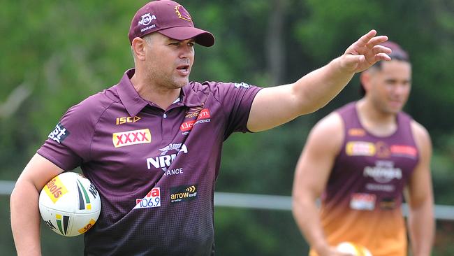 Bronco's coach Anthony Seibold always has a ball in in his hands at training. Picture: John Gass