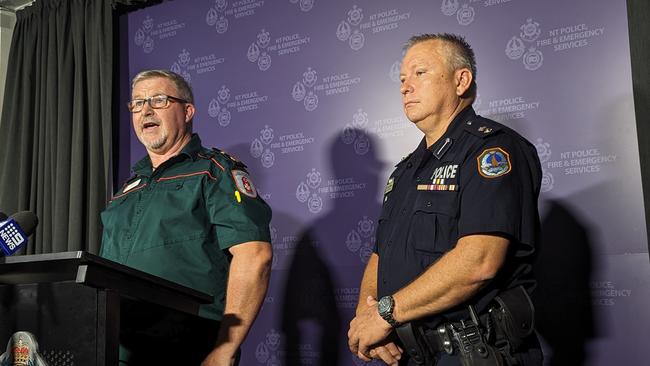 St John NT director of ambulance services Andrew Thomas and NT Police Road Safety Division Superintendent Daniel Shean speaking about Easter road safety, March 28, 2024. Picture: Alex Treacy