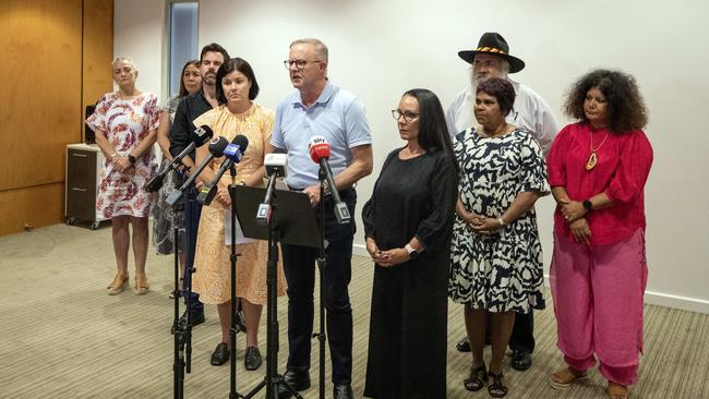 Prime Minister Anthony Albanese holds a press conference in Alice Springs after meeting with local leaders and Chief Minister Natasha Fyles. Picture: Liam Mendes