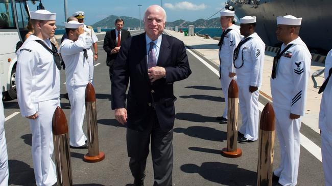 The late senator John McCain on the deck of the US navy ship named in his honour. Picture: US Embassy/AFP