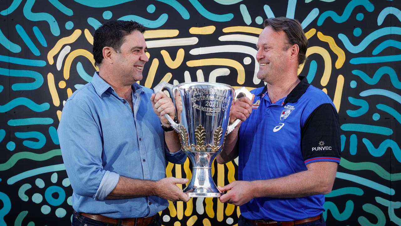 PERTH, AUSTRALIA – SEPTEMBER 21: AFL Grand Final Premiership Cup Presenters Garry Lyon (L) and Chris Grant pose for a photograph at Yagan Square on September 21, 2021 in Perth, Australia. (Photo by Michael Willson/AFL Photos via Getty Images)