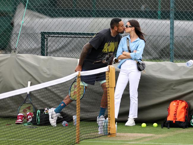 Kyrgios is very happy off the court with partner Costeen Hatzi. Picture: Ryan Pierse/Getty Images